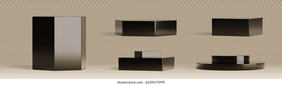 Black podiums set on transparent background. Pedestals in various shapes - rectangular block, angled hexagon structure, curved cylinder form. 3d realistic blank glossy plinths for product exhibition.