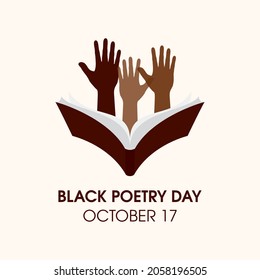 Black Poetry Day vector. Black raised hands with open book icon vector. African american hands and book silhouette vector. Poetry Day Poster, October 17. Important day