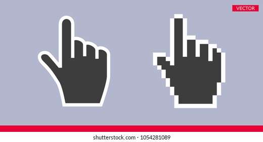 Black pointer index finger modern hand cursors sign icons vector illustration set isolated on gray background. Pixel and no pixel modern version of cursors. 