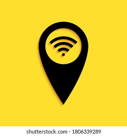 Black Pointer map with wifi internet signal connection icon isolated on yellow background. Long shadow style. Vector.