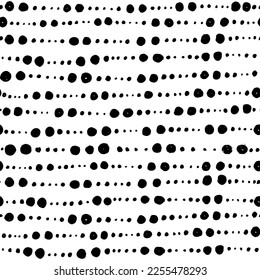 Black points vector seamless pattern. Random scattered blots, abstract black and white background. Hand drawn small dots texture background. Small circles in a row. Stylish doodle polka dot. 