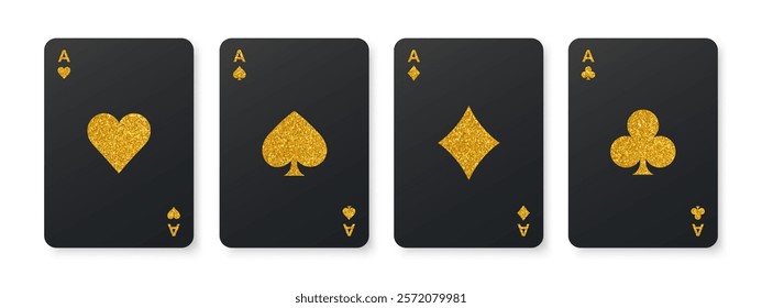 Black poker cards with gold glitter symbols. Golden card suits. Four aces playing cards. Casino gambling game. Winning poker hand. Vector EPS10