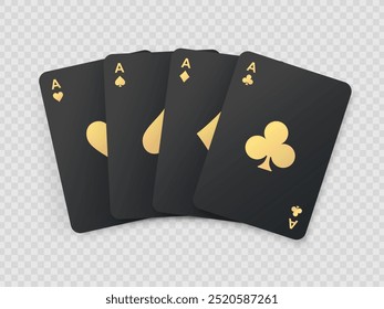 Cartões de pôquer pretos com símbolos dourados. Fatos de cartão dourado. Quatro ases jogando cartas. Jogo de jogo de casino. Ganhando a mão do pôquer. Vetor EPS10