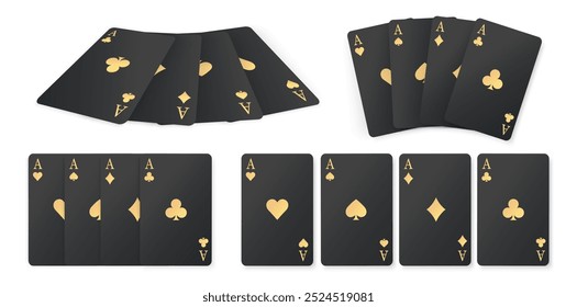 Black poker cards with gold symbols. Golden card suits. Four aces playing cards. Casino gambling game. Winning poker hand. Vector EPS10