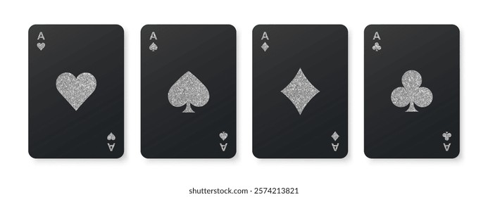 Black poker cards with silver glitter symbols. Silver card suits. Four aces playing cards. Casino gambling game. Winning poker hand. Vector EPS10