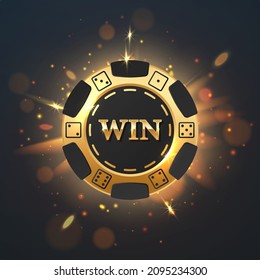 Black poker chip, with dots of dices, gold letters WIN with golden light, rays, glare, sparkles and crown on black background. Vector illustration for card, casino, game design, advertising.