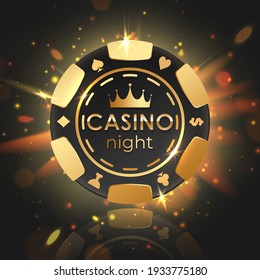 Black poker chip, gold letters Casino night with golden light, rays, glare, sparkles on black. Vector illustration for card, casino, game design, flyer, poster, decor, banner, web, advertising.