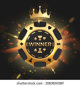 Black poker chip, gold letters Winner with golden light, rays, glare, sparkles and crown on black. Vector illustration for card, casino, game design, advertising.