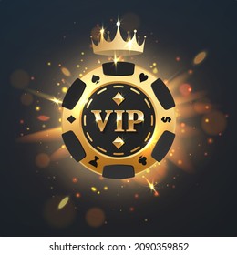 Black poker chip, gold letters VIP with golden light, rays, glare, sparkles and crown on black background. Vector illustration for card, casino, game design, advertising.