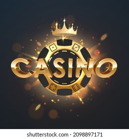 Black poker chip, gold logo, letters with golden light, rays, glare, sparkles and crown on black background. Vector illustration for card, casino, game design, advertising.