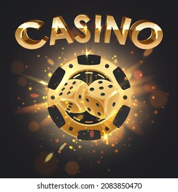 Black Poker Chip und goldene Würfel mit goldenem Licht, Rochen, Glanz, Funkeln auf Schwarz und Briefe, Logo Casino. Vektorgrafik für Karte, Casino, Spieldesign, Werbung.