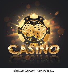 Black poker chip and golden dices with golden light, rays, glare, sparkles on black and letters, logo casino. Vector illustration for card, casino, game design, advertising.