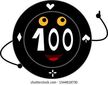 black poker chip with a sweet smile and orange eyes thumb on hand raised up approval gesture concept of board games and casino object on a white background