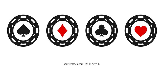 Black Poker chips ícone set. Chips isolados de pôquer de casino. Símbolos de pôquer com espadas, corações, diamantes, paus. Jogando conceito de fichas de jogo. Ilustração vetorial.