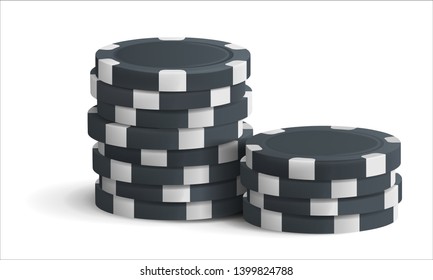 Black poker chips stack on isolated white background. Casino concept. Vector illustration.