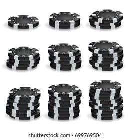 Black Poker Chips Stacks Vector. Realistic Set. Plastic Round Poker Gambling Chips Sign Isolated On White. Casino Big Win, Success Concept Illustration.
