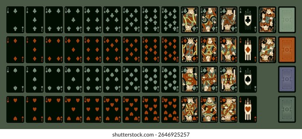 Black Poker Playing Cards, deck completo, 52 (54) cartas, rostos coloridos e verso. Consultado Em 17 De dezembro De 2013 "Ace King Queen Jack Spades Hearts Diamonds Clubs" . Ilustração de linha editável de vetor.	