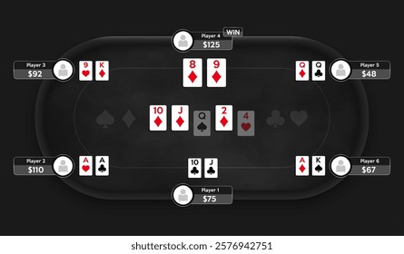 Black Poker table for game online poker. Online poker room. Texas Hold'em game illustration. Online game concept. Vector illustration.