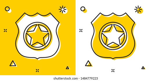 Black Police badge icon isolated on yellow and white background. Sheriff badge sign. Random dynamic shapes. Vector Illustration