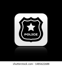 Black Police badge icon isolated on black background. Sheriff badge sign. Silver square button. Vector Illustration