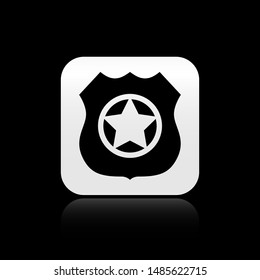 Black Police badge icon isolated on black background. Sheriff badge sign. Silver square button. Vector Illustration