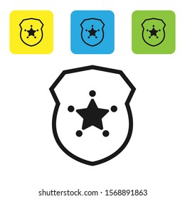 Black Police badge icon isolated on white background. Sheriff badge sign. Set icons colorful square buttons. Vector Illustration