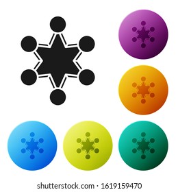 Black Police badge icon isolated on white background. Sheriff badge sign. Shield with star symbol. Set icons colorful circle buttons. Vector Illustration