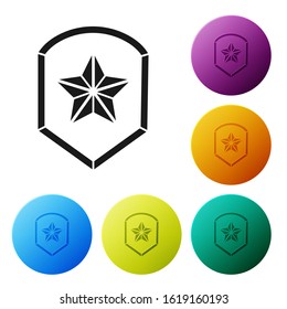 Black Police badge icon isolated on white background. Sheriff badge sign. Shield with star symbol. Set icons colorful circle buttons. Vector Illustration