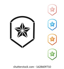 Black Police badge icon isolated on white background. Sheriff badge sign. Shield with star symbol. Set icons colorful. Vector Illustration