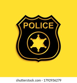 Black Police badge icon isolated on yellow background. Sheriff badge sign. Long shadow style. Vector