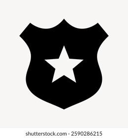 Black police badge icon with a star in the center. Simple badge design. Police badge symbol. Iconic badge shape with star. Minimalist graphic. User interface icon vector.