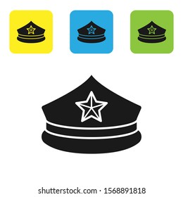 Black Police cap with cockade icon isolated on white background. Police hat sign. Set icons colorful square buttons. Vector Illustration