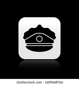 Black Police cap with cockade icon isolated on black background. Police hat sign. Silver square button. Vector Illustration