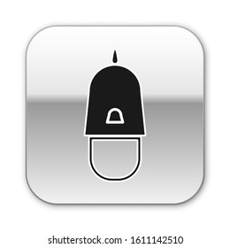 Black Police cap with cockade icon isolated on white background. Police hat sign. Silver square button. Vector Illustration