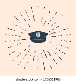 Black Police cap with cockade icon isolated on beige background. Police hat sign. Abstract circle random dots. Vector Illustration