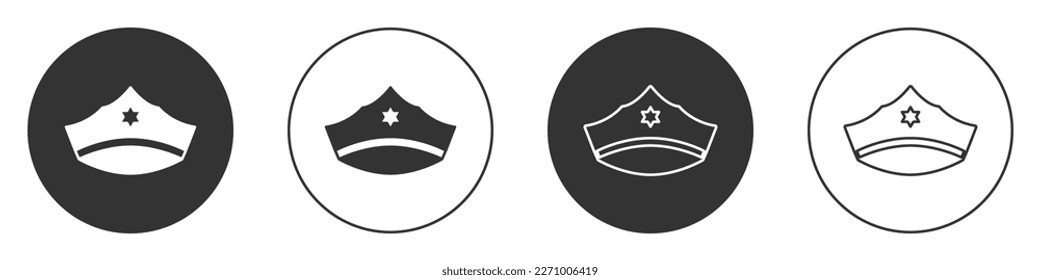 Black Police cap with cockade icon isolated on white background. Police hat sign. Circle button. Vector