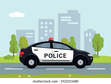 Black Police car in the city. Cop, police officer auto, policeman patrol automobile. Vector illustration.