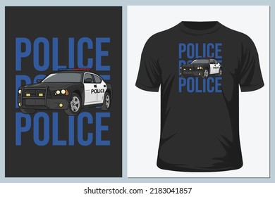 Black police car. City patrol transport on t shirt