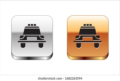 Black Police car and police flasher icon isolated on white background. Emergency flashing siren. Silver-gold square button. Vector Illustration