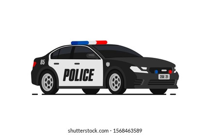 Black police car icon. City patrol transport isolated on the white background. Flat style.