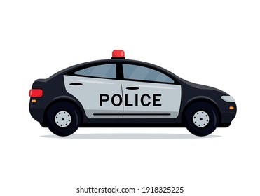 Black Police car side view. Cop, police officer auto, policeman patrol automobile. City transport icon isolated on the white background. Vector illustration.