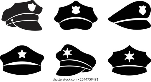 Ícones de chapéu preto da polícia ajustados. Polícia uniforme item com crachás. Policial realista uniforme headgear vetores da lei e da justiça para web e aplicativos móveis isolados em fundo transparente.