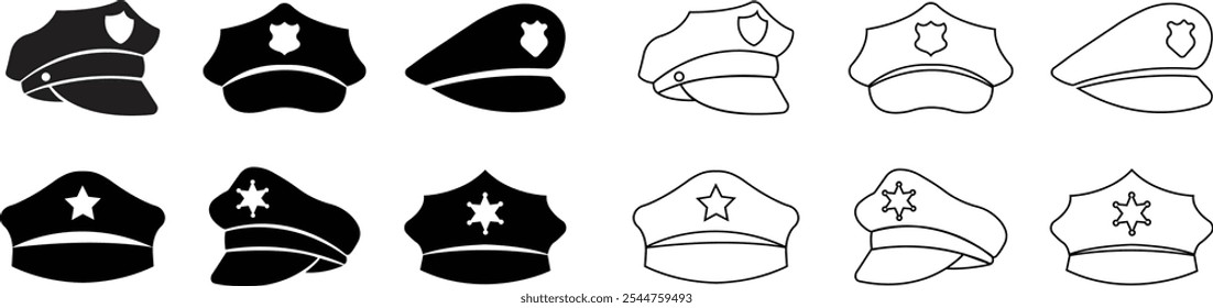 Conjunto de iconos planos y de línea de sombrero de policía negro. Uniforme de oficial de policía con insignias. Realista uniforme de policía headgear de la ley y la justicia para el Web y los App móviles aislados sobre fondo transparente.