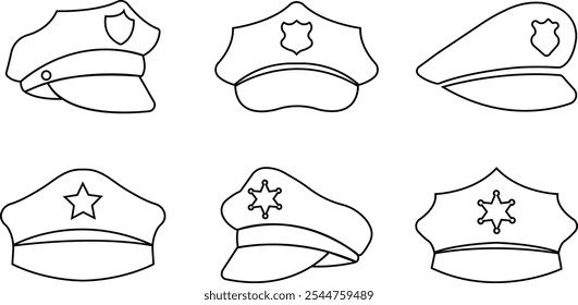 Ícones da linha de chapéu da polícia preta ajustados. Polícia uniforme item com crachás. Policial realista uniforme headgear vetores da lei e da justiça para web e aplicativos móveis isolados em fundo transparente.