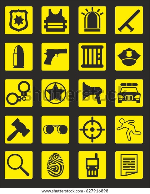 Black police icons collection in flat\
style on yellow squares isolated vector\
illustration