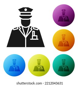 Black Police officer icon isolated on white background. Set icons in color circle buttons. Vector Illustration