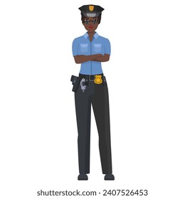 Black police woman with crossed arms. Confident female police officer cartoon vector illustration