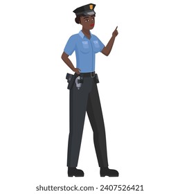 Black police woman with pointing finger. Pointing female police officer cartoon vector illustration