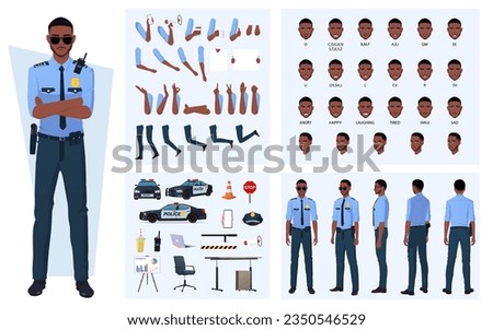 Black Policeman Character Constructor with Lip Sync, Emotions, Character Turnaround, Patrol Car and Gestures Vector File