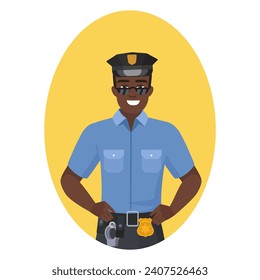 Black policeman in working uniform. Cool smiling african male police officer cartoon vector illustration